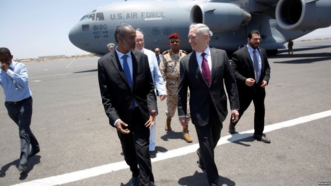 U.S. Defense Secretary Jim Mattis is greeted by Djibouti's Minister of Defense Ali Hasan Bahdon as he arrives at Djibouti-Ambouli International Airport in Ambouli, Djibouti, April 23, 2017.